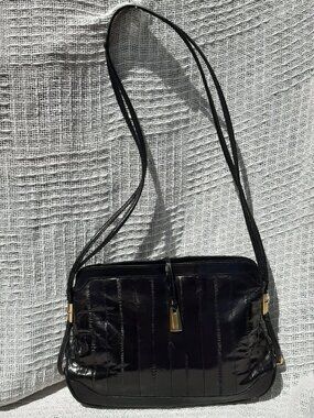 Elegant Dark Navy Eel Skin Bag with Shoulder Strap Vintage 80s 12" x 9" x 3"